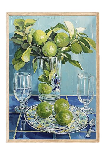 Postifull Wooden Framed Painting, Lemon, Vase, Plate, Oil Painting, Green, Blue Color Poster, 2025 Summer Selection