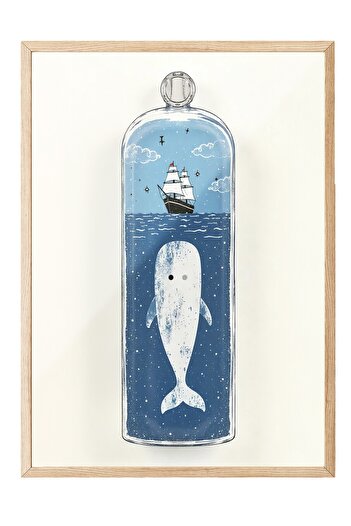 Postifull Wooden Framed Poster Painting, White Whale, Illustration, Blue Color Poster, 2025 Summer Selection, No:109