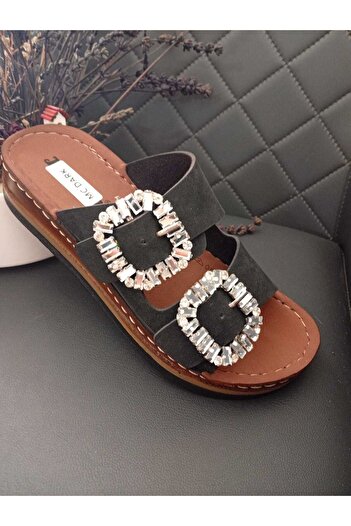 Moda Kadıköy Women's Black Filled Heels Ortopedic Stitched Sole Stone Slippers