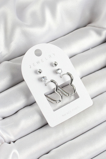Toptan Bulurum Silver Color 3-Piece Double Women's Earring Set with Brass Zircon Stone and Heart Figure