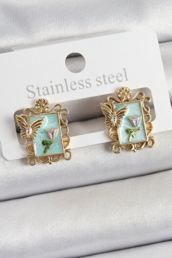 Toptan Bulurum Brass Green Enamel Artistic Portrait Model Gold Color Women's Earrings