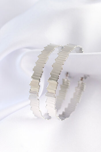 Toptan Bulurum Brass Silver Color Serrated Hoop Earrings