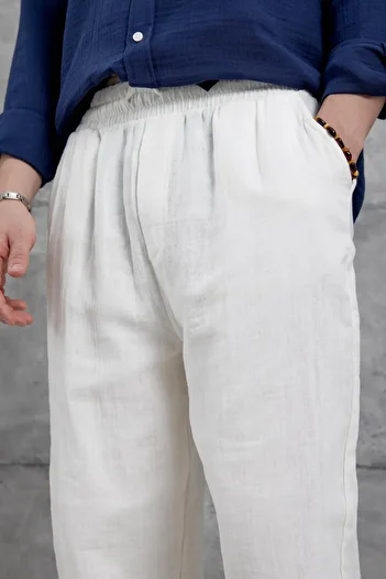NO 601 Men's White Summer Muslin Linen Blended Fabric Relaxed Cut Pantalon