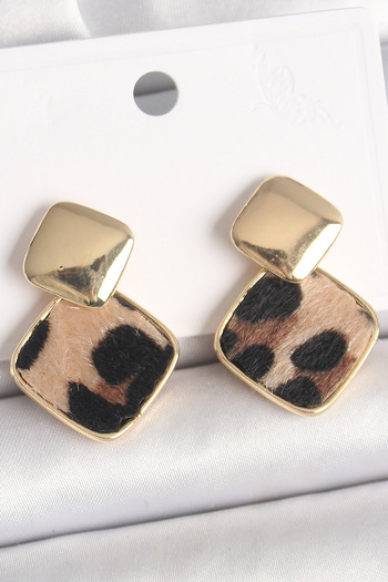 Toptan Bulurum Brass Gold Color Sallant Square Leopard Pattern Model Women's Earrings