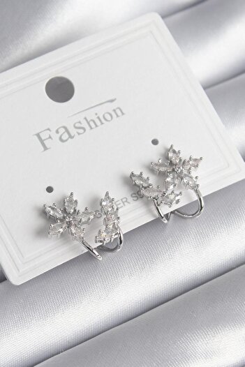 Toptan Bulurum Brass Silver Color Zircon Stone Flower Model Women's Earrings
