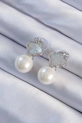 Toptan Bulurum Brass Silver Color Zircon Stone Minimal Flower Design Women's Earrings
