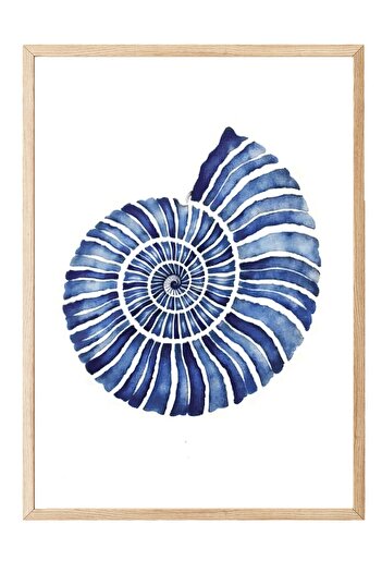 Postifull Wooden Framed Painting, Blue Seashell, Illustration, Blue Color Poster, 2025 Summer Selection, No:10972