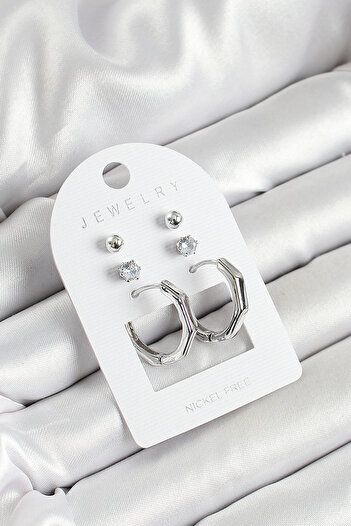 Toptan Bulurum Brass Zircon Stone and Bone Ring Figured Silver Color 3-Piece Double Women's Earring Set