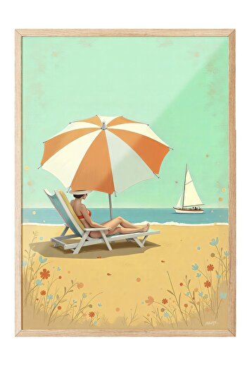 Postifull Wooden Framed Poster, Woman by the Sea, Illustration, Blue Color Poster, 2025 Summer Selection, No: