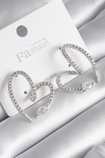 Toptan Bulurum Brass Silver Color Zircon Stone Snake Heart Model Women's Earrings