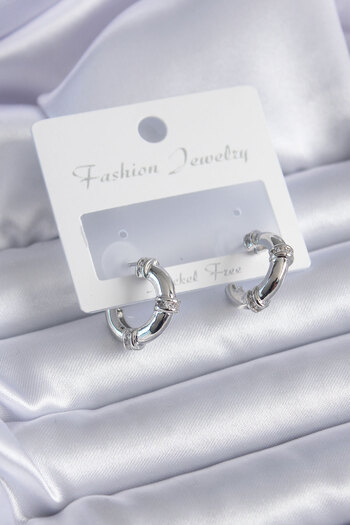 Toptan Bulurum Silver Color Zircon Stone Hoop Model Brass Women's Earrings
