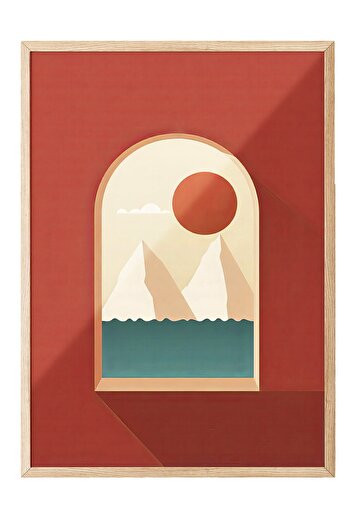 Postifull Wooden Framed Painting, Scenic Window, Illustration, Red Color Poster, 2025 Summer Selection, No:10