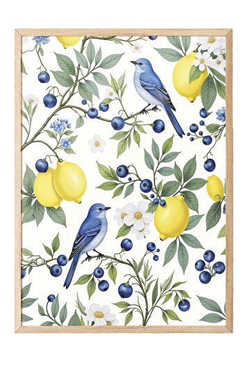 Postifull Wooden Framed Poster, Birds and Lemons, Illustration, Yellow Color Poster, Summer Selection 2025, No:109541