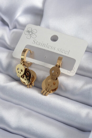 Toptan Bulurum 316L Steel Gold Color Dangle Skull Model Women's Earrings