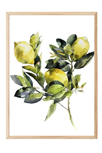 Postifull Wooden Framed Painting, Lemons, Leaves, Watercolor, Green, Yellow Color Poster, Summer Selection of 2025, No: