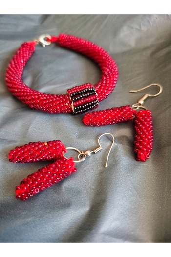 Anka Handmade Elegant Red Sand Beads Earrings and Bracelet Set