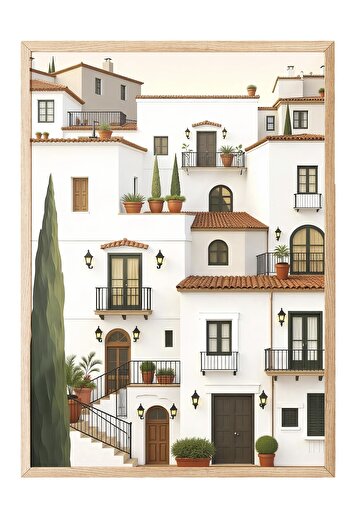 Postifull Wooden Framed Painting, White Houses, Illustration, White Color Poster, 2025 Summer Selection, No:109709