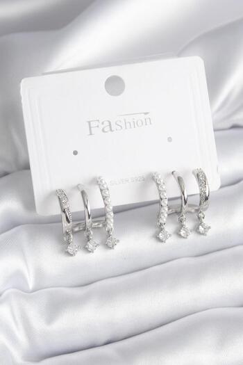 Toptan Bulurum Brass Silver Color Zircon Stone Detail Women's Earrings with Pearls