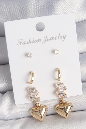 Toptan Bulurum Brass Gold Color Zircon Stone Dangle Heart Model Half Ring Detail 3 Pairs Women's Earring Set