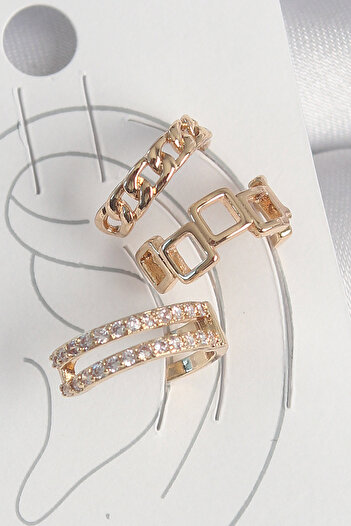 Toptan Bulurum Brass Gold Color Zircon Stone Square Chain Model Women's Cartilage Earrings