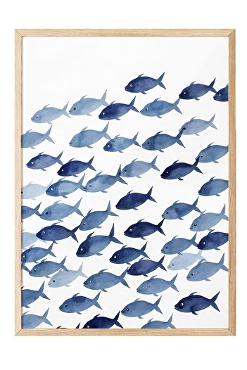 Postifull Wooden Framed Painting, Fish Group, Illustration, Blue Color Poster, 2025 Summer Selection, No:109747