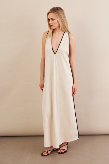 Cool & Sexy Women's Stone Contrast Striped Maxi Linen Dress Msi̇101