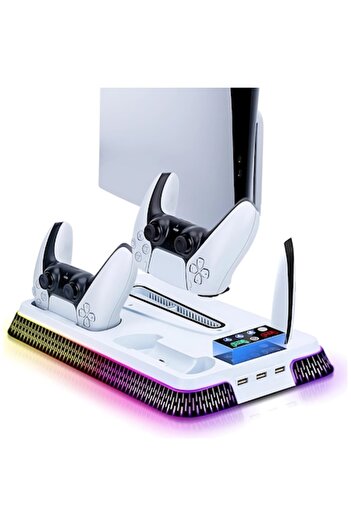 BiXXBi Suport vertical pentru PS5 / PS5 Slim / PS5 Pro, răcire și RGB, 3 porturi USB, alb