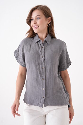 Butik 100% Cotton Button Detail Summer Muslin Bat Shirt Bluz Mg-204
