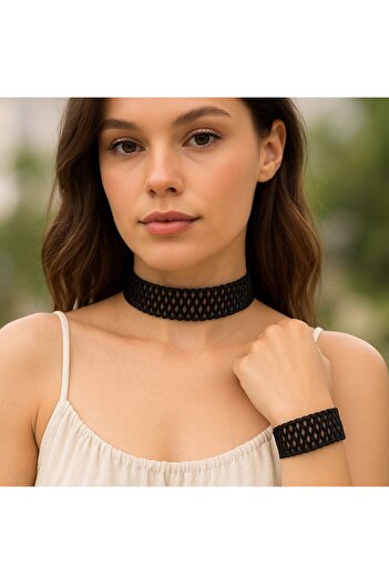SYAZE Leather Choker and Bracelet Set - Black Knitted Pattern
