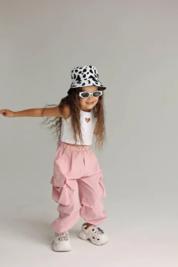Magu Girl's Cotton Pink Cargo Pants Suit with Pockets - Heart Detailed Crop Tank Top