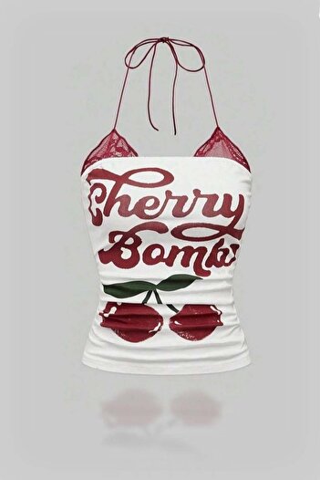 Köstebek Vintage Summer Style Cherry Cherry Printed Strap T-Shirt