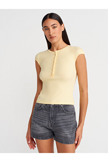 Dilvin 31887 Button Short Sleeve Top-T.Yellow