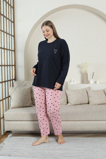 FAMESTEKSTİL Uzunkol Combed Cotton Seasonal Flat Heart Embroidered Large Size Pajama Set