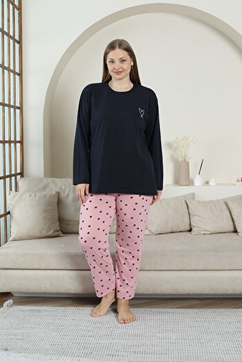 FAMESTEKSTİL Uzunkol Combed Cotton Seasonal Flat Heart Embroidered Large Size Pajama Set