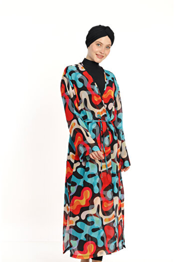 İKSUN Patterned Hijab Tulle Pareo Long Design Kaftan Kimono
