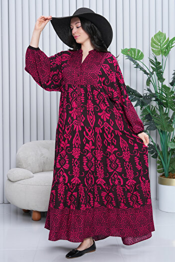 EL jadida Γυναικείο φόρεμα με μοτίβο Katkat Plus Size Viscose Hijab Φούξια