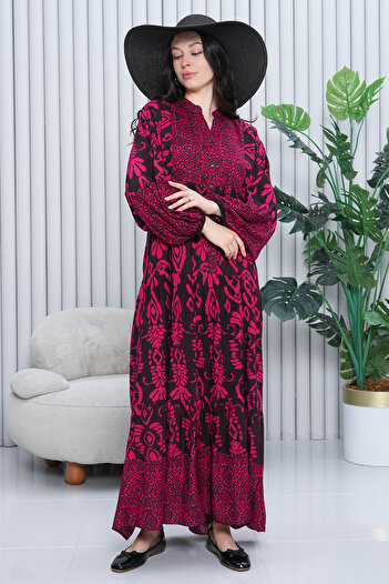 EL jadida Γυναικείο φόρεμα με μοτίβο Katkat Plus Size Viscose Hijab Φούξια