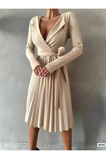 Modafeminen Long Sleeve Crepe Fabric Pleated Belted Dress Beige 582259