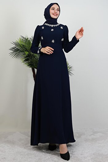 GİYZAMİLA Lalin Floral Stone Dress Navy Blue