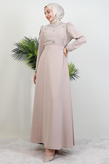 GİYZAMİLA Lalin Floral Stone Dress Light Powder