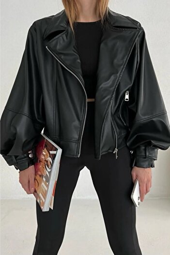 MEECY Balloon Sleeve Faux Leather Jacket