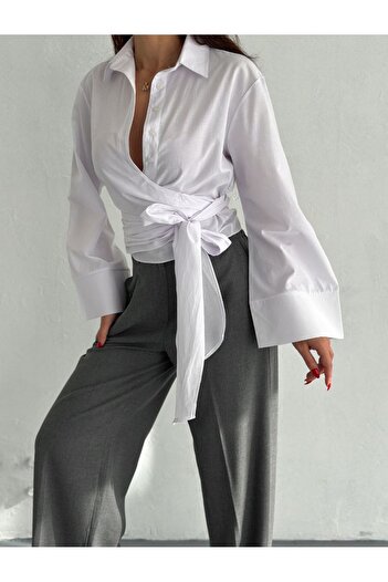 Butik Diamond Women's 100% Cotton Woven White Double Breasted Shirt