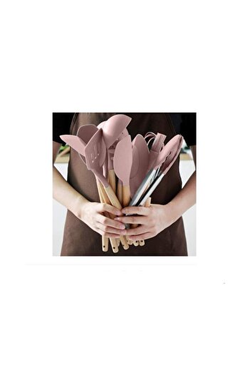 SIKS ® kitchen cooking utensils, 13 pieces, non-stick, silicone with wooden handle, pink/