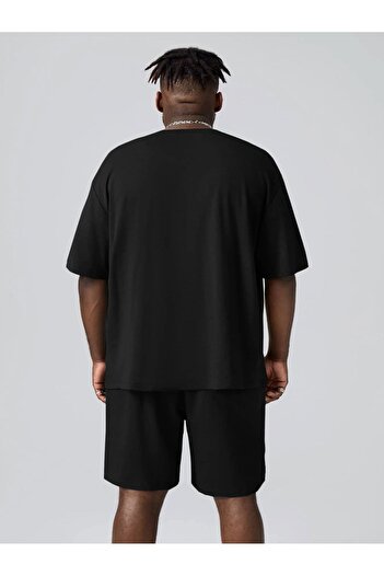 Boi Dareto Explore Bear T-shirt Shorts Combination Suit 2 Piece - Black, Printed, Oversize, Crew Neck