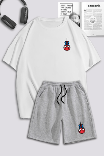 Boi White Gray Mini Spider T-Shirt Shorts Combination Set - Printed Oversize Crew Neck