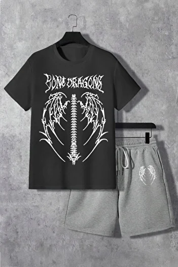 Boi Bone Dragons T-Shirt Shorts - Black Gray Shorts T-Shirt Bottom Top Set Printed Crew Neck