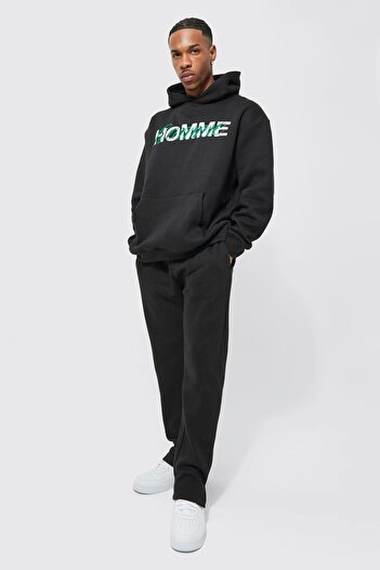 Boi Homme Tracksuit Set - Black Printed Suit Jogger Sweatshirt Flare Leg Hooded