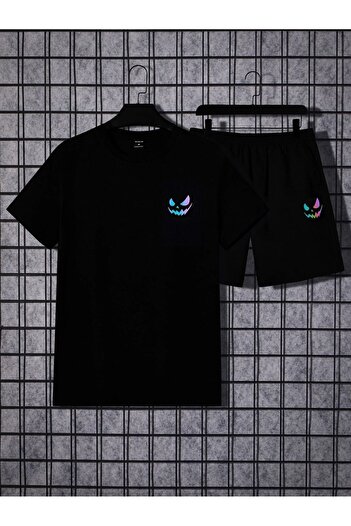 Boi Colorful Face T-Shirt Shorts Combination Set - Black Printed Oversize Crew Neck