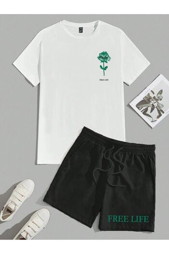 Boi Free Life T-Shirt Shorts - White Black Shorts T-Shirt Bottom Top Set Printed Crew Neck