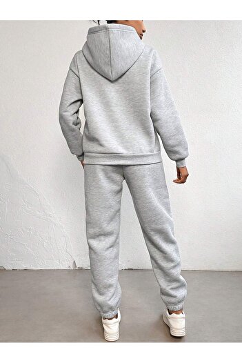 Boi Chicago U.S.A Lower Top Tracksuit Set - Gray Printed Oversize Rubber Leg Hoodie